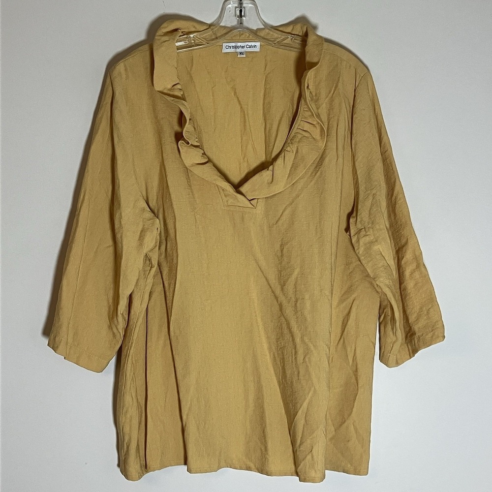 Christopher Calvin Shirt Womens XL Yellow Lagenlook Ruffle Boxy Art to Wear‎ USA
